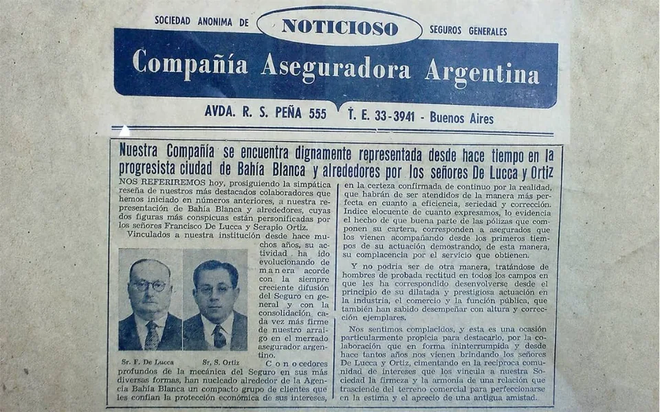 Nota de prensa sobre Serapio Ortiz en un diario de Bahía Blanca, 1953 — historia de Atender Seguros