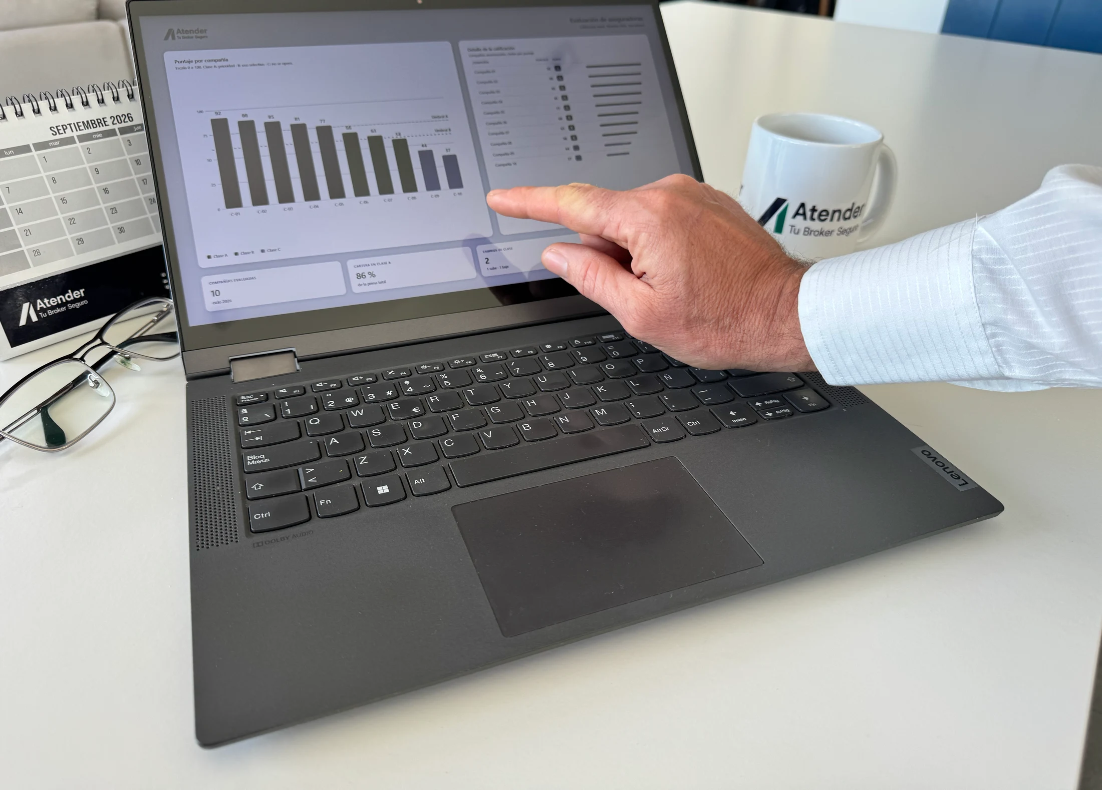 Evaluación de compañías aseguradoras en una notebook, junto a una taza y un calendario de ATENDER.