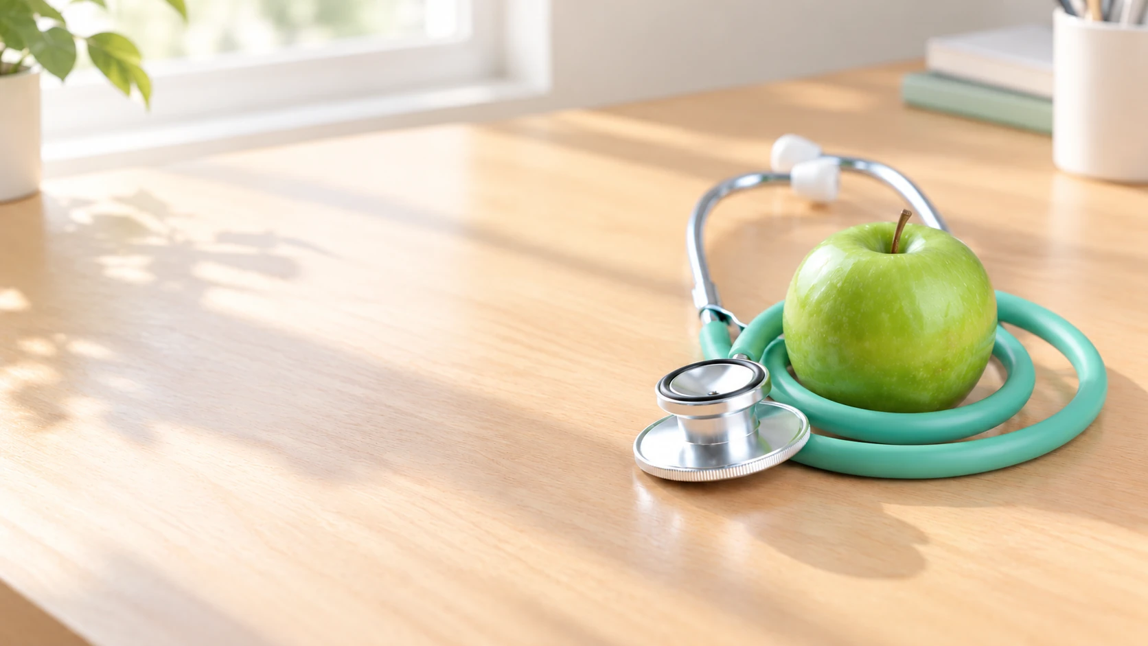 Manzana verde y estetoscopio sobre una mesa iluminada por una ventana