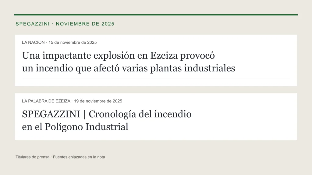 Titulares de LA NACION y La Palabra de Ezeiza sobre el incendio del Polígono Spegazzini, noviembre de 2025