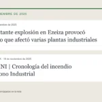 Titulares de LA NACION y La Palabra de Ezeiza sobre el incendio del Polígono Spegazzini, noviembre de 2025