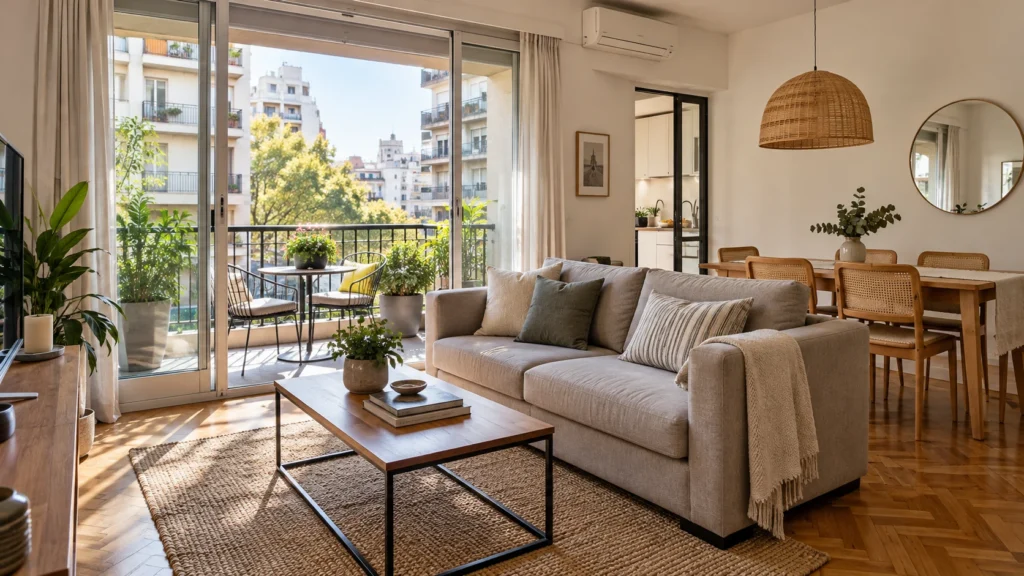Departamento amueblado con living y balcón, preparado para un alquiler temporario